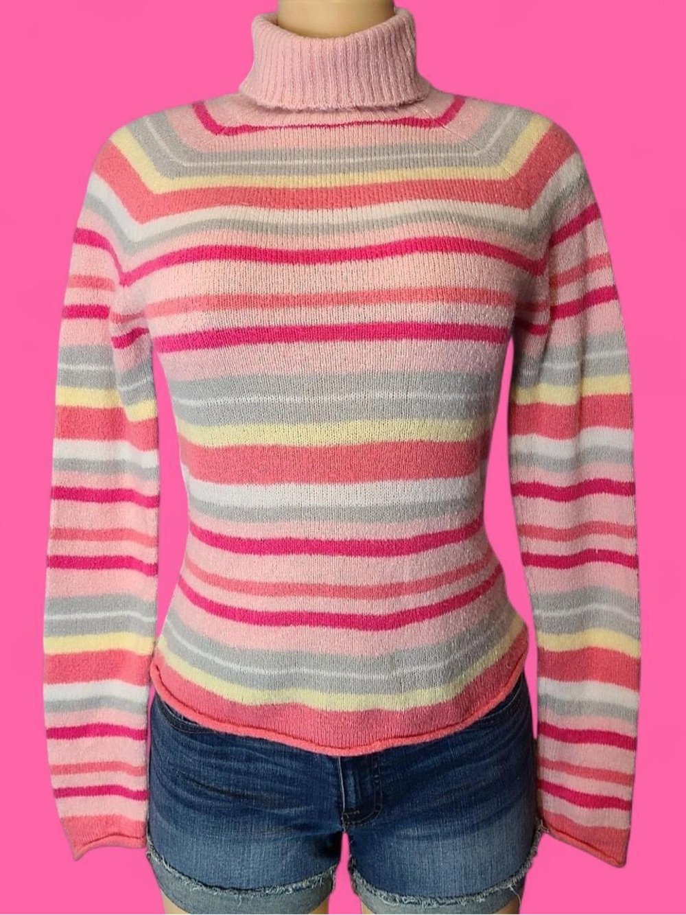 y2k! jordache pink multicolored stripe turtleneck knit sweater!